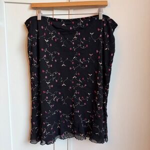 Y2K Floral Embroidered Mesh Midi Skirt Women XL Black Pink Lettuce Hem Romantic